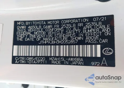 2021 Lexus Ux 250H z USA, uszkodzony, nr VIN JTHP9JBH3M2052857
